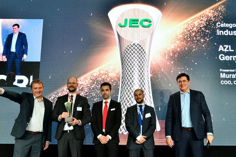 JEC Award Gewinner AZL zusammen mit einigen Projektpartnern  (von links nach rechts): Dr. Günther Derra (Philips Photonics), Dr. Michael Emonts (Geschäftsführer des AZL), Javier Acosta (Fagor Arrasate), Christos Karatzias (Mitsui Chemicals) (AZL)