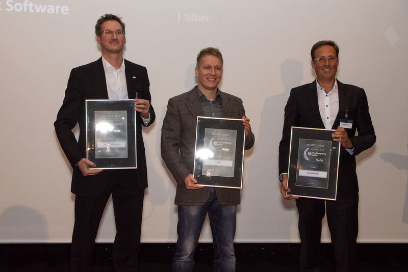 Die Gewinner der Kategorie Cloud ERP sind Matthias Reinecke (Exact Software), Andreas Holzapfel (SAP) und Christopher Baxter (Scopevisio) . (Dominik Sauer / VIT)