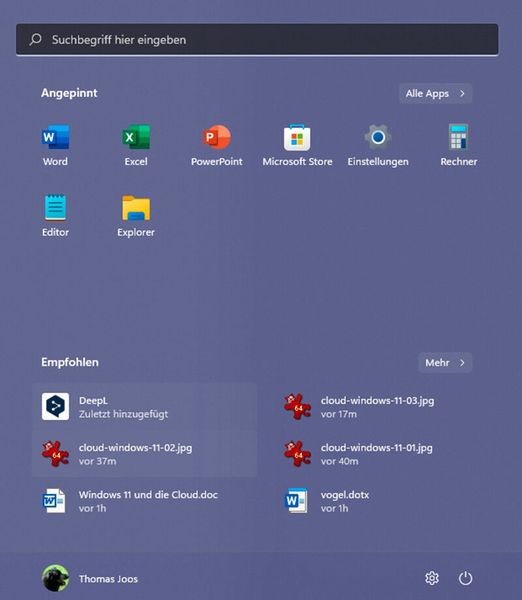 Im Startmenü von Windows 11 sind die zuletzt geöffneten Dokumente zu sehen, auch aus Microsoft 365. (Joos)