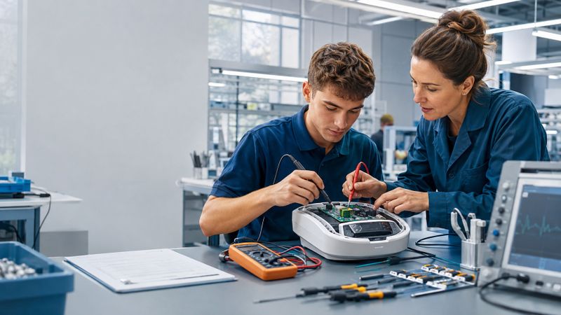 Der Ausbildungsweg in die Medizintechnik führt häufig über Elektronik, Mechatronik, Informatik oder spezialisierte Handwerksberufe.(Bild:  Guido Deußing / KI-generierte Illustration)