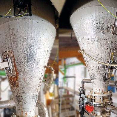 Unter veränderten Prozessbedingungen entstehen Brücken oder Anhaftungen, es wird weitere Technik neben vorhandenen Vibratoren installiert. (Bild: Netter Vibration)