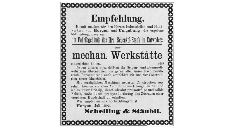 1892: Zeitungsmeldung über die Gründung der mechanischen Werkstätte Schelling & Stäubli in Horgen, Schweiz. (Stäubli)
