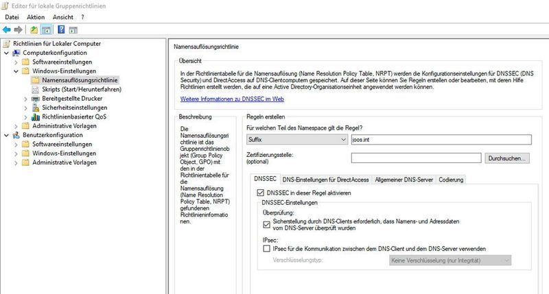 Gruppenrichtlinien für DNSSEC. (Microsoft / Joos)