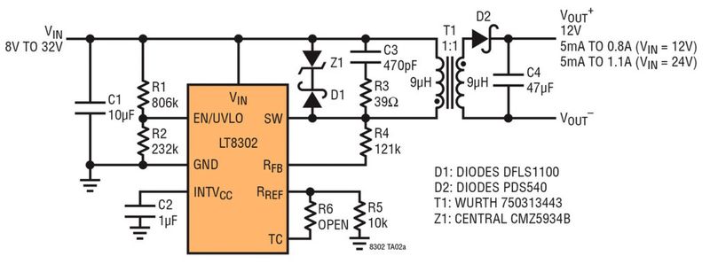 Bild 3: Der Flyback-Wandler LT8302 misst die Ausgangsspannung auf der Primärseite. (Bild: Linear Technology)