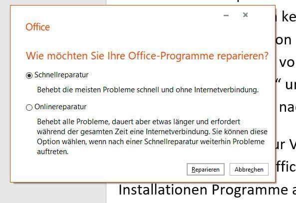 Office kann mit und ohne Internetverbindung repariert werden, wenn einzelne Programme nicht mehr startbar sind. (Joos / Microsoft)