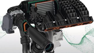 Komplexes Gerät: der Prototyp des aktiven Ansaugmoduls mit integriertem E-Booster von Mann + Hummel. (Foto: Mann + Hummel)