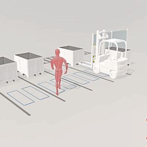 Hier besteht ein Restrisiko: Befindet sich ein Stapler auf einer Induktionsschliefe und hat dadurch die Muting-Funktion aktiviert, können Personen eine der anderen Stationen betreten, ohne dass dies vom Sicherheitssystem erkannt wird. Während des Mutings ist somit einfaches Umgehen problemlos möglich.(Bild:  Leuze electronic GmbH + Co. KG)