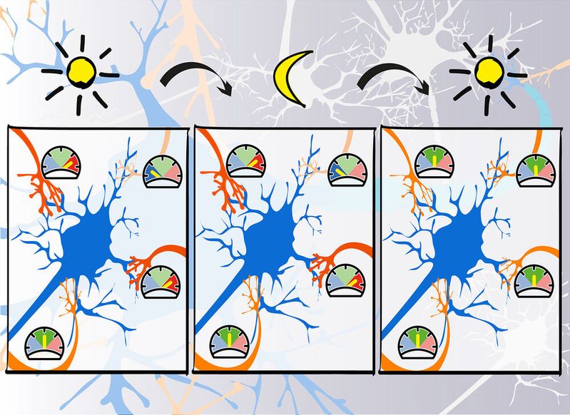 Vereinfachtes Modell lernender biologischer Nervenzellen: Am Ende einer wachen Periode (linke Abbildung) sind synaptische Verbindungen zu Neuronen verstärkt oder abgeschwächt entsprechend dem kurzfristig Erlernten. Gelernte Reize werden in der Schlafperiode (mittlere Abbildung) bewertet und angepasst, dabei werden die entsprechenden synaptischen Verbindungen auf ein mittleres Niveau skaliert. Die letzte Phase (rechte Abbildung) zeigt die angeglichenen Verbindungen zu Beginn der nächsten wachen Periode. Dieser Prozess wurde jetzt auf künstliche neuronale Netze übertragen und steigert deren Leistungsfähigkeit deutlich.