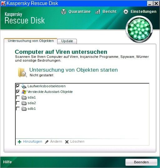 Nach dem Scannen mit Avira-De-Cleaner sollten Sie mit der Kaspersky-Rettungs-CD weitere Angreifer entfernen. Booten Sie dazu den PC, lassen Sie die Defintionsdateien aktualisieren und scannen Sie danach die Festplatte. Verwenden Sie am besten ein kabelbasiertes Netzwerk. (Bild: VBM)