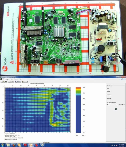 Bild 2: Ein PC-Board mit Bord für die Stromversorgung (oben) und die topographische Darstellung der Störeinstrahlung der Netzteil-Platine auf eine Platine eines Satelliten-Empfängers (unten). (Foto: dataTec)