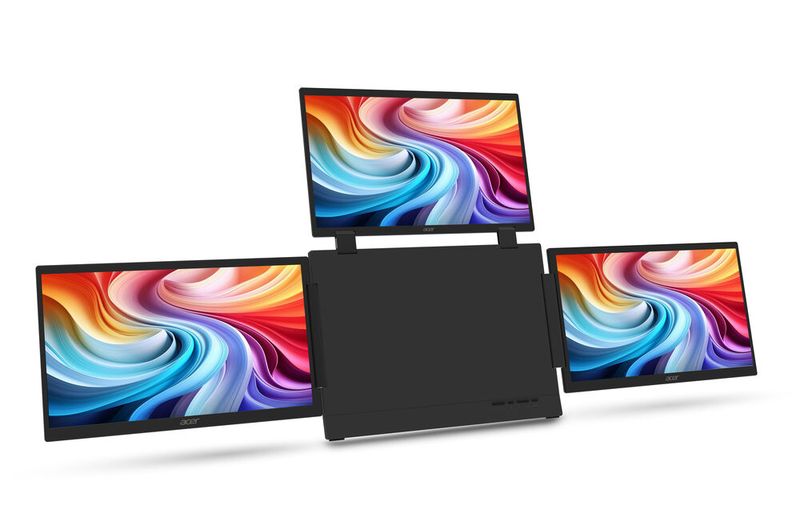 Mit dem Acer PD163Q P3 kann ein Notebook um gleich drei zusätzliche 15,6-Zoll-Displays erweitert werden. Das obere Panel kann zudem im Zeltmodus verwendet werden. Angeschlossen wird der Acer PD163Q P3 über USB-C.  (Bild: Acer)