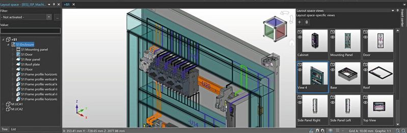 Bis zu zehn anwendungsspezifische eigene „Views“ auf den geplanten Schaltschrank lassen sich in Eplan Pro Panel abspeichern und aus unterschiedlichen Perspektiven betrachten.(Bild:  Eplan GmbH & Co. KG)