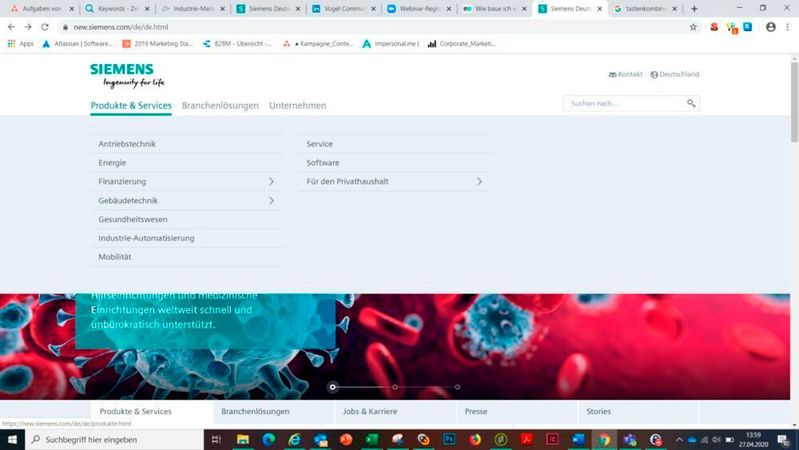 Siemens hat als Unternehmen ein sehr großes Portfolio. Daher eignet sich hier ein sogenanntes Mega Menu: Zunächst ist die Navigation in drei Hauptpunkte gegliedert, die sich dann wieder in verschiedene Themen Cluster aufteilt. Die Nutzerführung ist hier sehr gut gelungen, denn die Ausgangspunkte sind für den Website-User verständlich formuliert. 