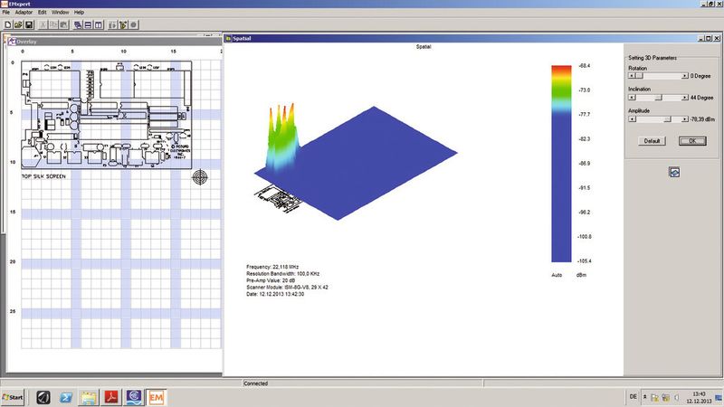 Bild 1a: Topologie und 3-D-Darstellung einer kleinen Platine mit ihren Störstrahlungsanteilen. (dataTec)