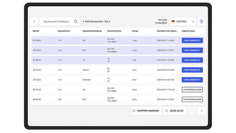 Steuerung von Produktionsaufträgen: Digitale Auswahl, Umrüstung und Produktion von individuellen Aufträgen mit übersichtlichen Details wie Stückzahl und Abwicklungsdauer. (Bild: Comarch Software und Beratung AG)