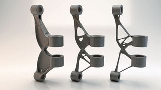 Wenn die Mittagspause die Effizienz erhöht: Die Software MSC Apex Generative Design benötigt 40 Minuten, um ein Scharnier hinsichtlichht des Gewichts zu optimieren und eine dieser drei Varianten zu erzeugen.  (Simufact)