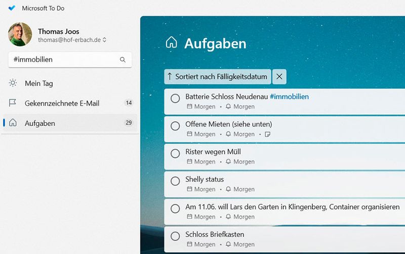 Verwenden von Hashtags für Aufgaben in Microsoft To Do. (Bild: Joos)