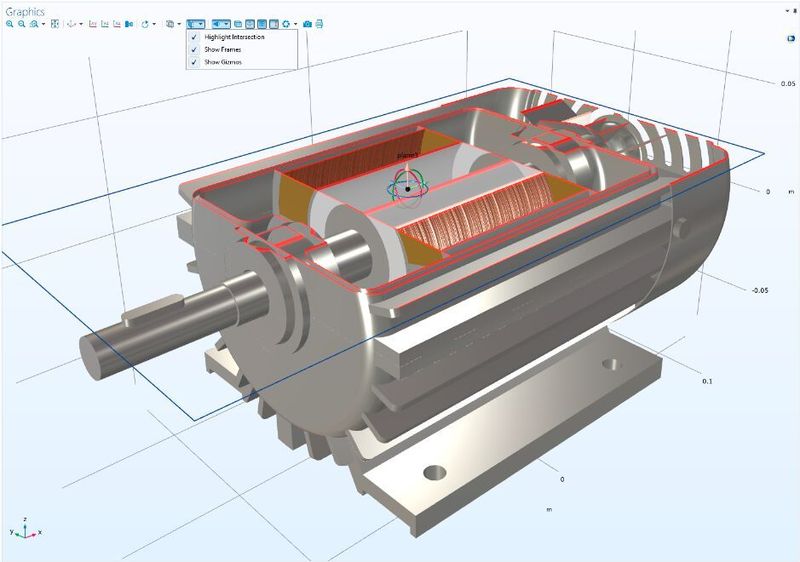 Eine Elektromotorsimulation in Comsol Multiphysics Version 5.6, bei der eine Clip-Ebene für einen leichteren Zugang zum Inneren des Modells für die Zuweisung von Materialeigenschaften und Lasten verwendet wird. (Comsol)
