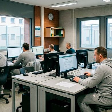 In sogenannten digitalen Sozialräumen sollen die Gefängnisinsassen dreier Haftanstalten NRWs künftig unter Aufsicht Computer nutzen dürfen. (Bild: Symbolbild / Gemini / KI-generiert)