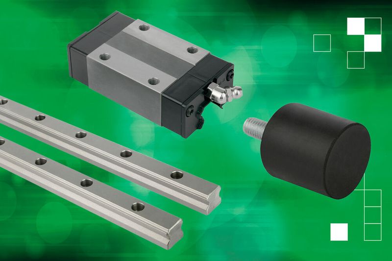 Der Norelem Führungswagen mit Kugelumlaufführung wird auf eine Profilführungsschiene montiert und kann Belastungen aus allen Richtungen aufnehmen, während der Gummipuffer Stösse und Vibrationen dämpft. (Bild: Zedler-Institut/Norelem)