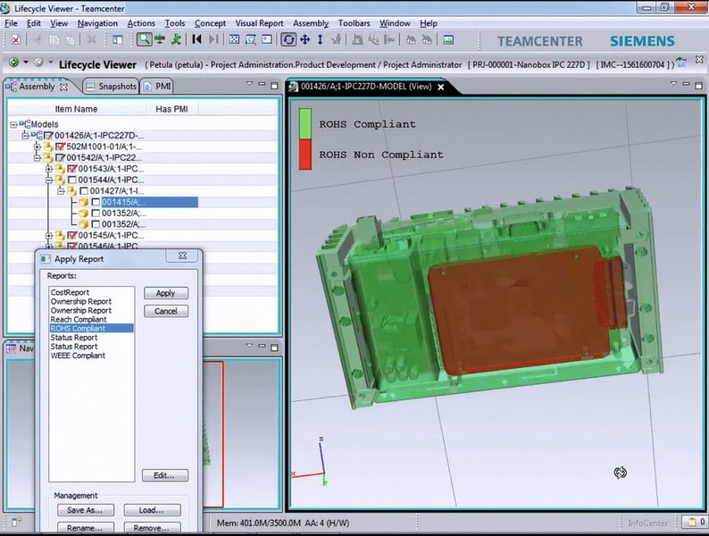 HD3D-Darstellung von Bauteilen eines Produkts, die nicht den RoHS-Richtlinien entsprechen. (Bild: siemens PLM Software)