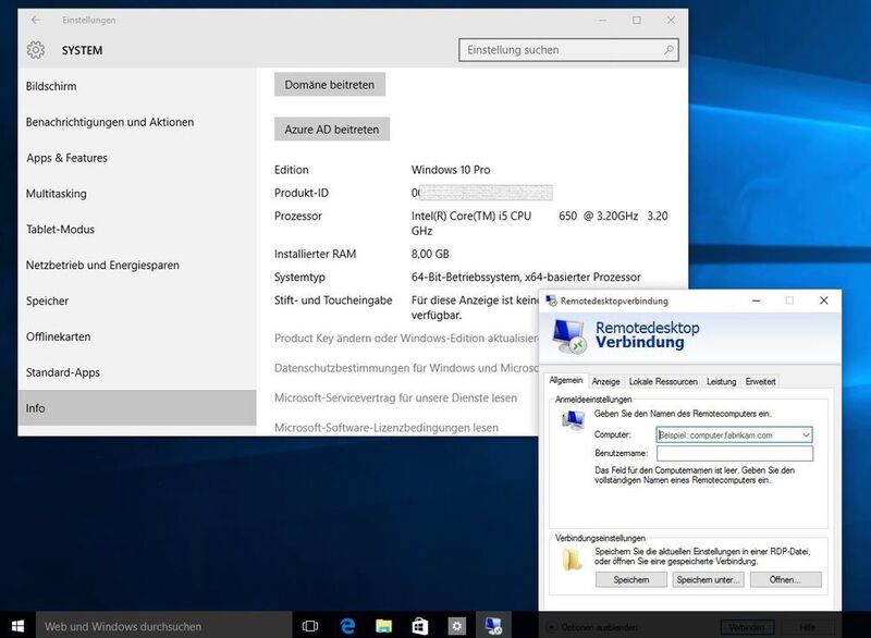 Abbildung 1: Einbinden in eine Domäne (auch einer Azure AD) und die Remotedesktopverbindung: Nur zwei wichtige Features, die auch Windows 10 in der Pro-Version für den Einsatz in professionellen Netzwerken qualifizieren können. (Bild: Schlede/Bär)