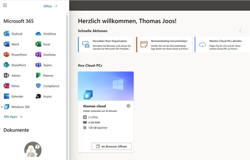 Nach der Anmeldung an Microsoft 365 steht auch der Cloud-PC zur Verfügung. Die Sicherheitseinstellungen von Microsoft 365 gelten auch für Windows 365. (Joos)