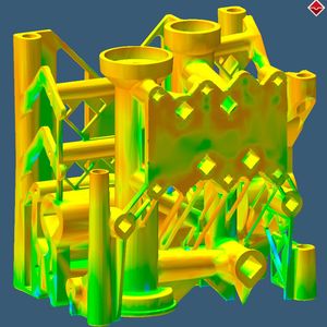 Hier ist die Simulation die Vergleichspannung der Verteilerstruktur nach dem Entfernen der Platte bei einem Additiv gefertigten Teil zu sehen. 