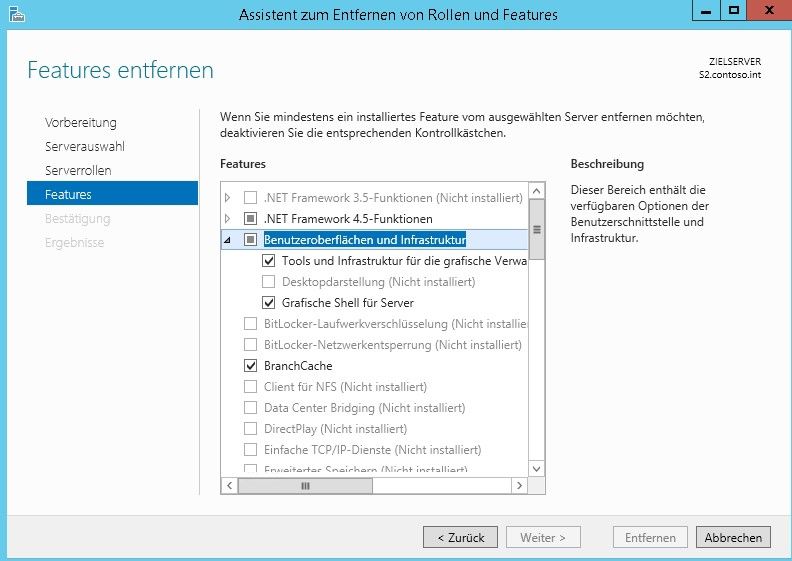 Server ohne grafische Oberfläche sind sicherer, da die Angriffsfläche deutlich reduziert ist. Die grafische Oberfläche deinstallieren Administratoren am einfachsten im Server-Manager  über „Verwalten/Rollen und Features“ entfernen. Auf der Seite Features entfernen stehen im Bereich „Benutzeroberflächen und Infrastruktur“ die entsprechenden Optionen zur Verfügung. (Bild: Thomas Joos)
