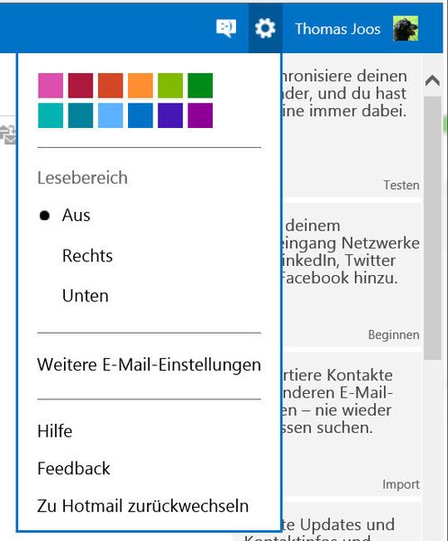 Anwender von Hotmail/Windows Live können die Oberfläche ebenfalls nutzen. Dazu melden sich diese über die Internetseite von Outlook.com an und haben Zugriff auf die neuen Funktionen. Über das Zahnradymbol oben rechts lassen sich die Einstellungen aufrufen. Interessant ist hier vor allem Weitere E-Mail-Einstellungen. (Archiv: Vogel Business Media)