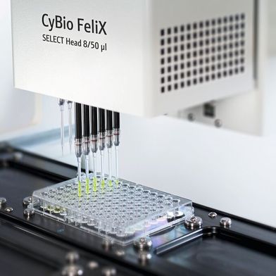 Il Select Head per la piattaforma di manipolazione dei liquidi Cybio Felix è particolarmente flessibile, accelera i flussi di lavoro come l’hit picking e la normalizzazione e semplifica i trasferimenti complessi, come si legge in un comunicato stampa. (Immagine:Analytik Jena)