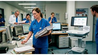Der Arbeitsalltag im Gesundheitswesen ist geprägt von Dokumentationspflichten und bürokratischen Elementen. Durch den Einsatz von Technologie erhoffen sich die Entscheiderinnen und Entscheider Synergieffekte und Effizienzsteigerungen. (Bild: Gemini / KI-generiert)