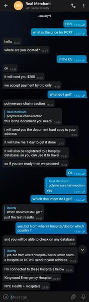 Chat mit einem Anbieter gefälschter PCR-Testergebnisse (Check Point)