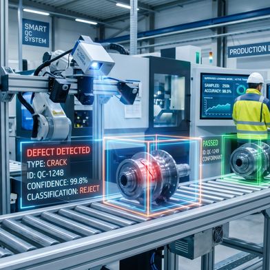 Automatisierte Prüfsysteme erkennen Fehler frühzeitig. Präventive Maschinensicherheit kann dazu beitragen, Produktionsabläufe zu stabilisieren. (Bild: © Rafli/stock.adobe.com - generiert mit KI)