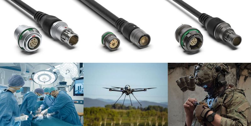 Fischer Connectors (Halle B2, Stand 328): Die Verbindungsspezialisten stellen Ihnen unter anderem die Fischer Core-Serie mit chemikalienbeständigen Steckverbinder mit 9 Pins in einem Ø 15,5 mm-Stecker vor, die für Sterilisationsprozesse geeignet sind und vor allem in chirurgischen Geräten, orthopädischen Kameras und Messgeräten in Produktionslinien oder kontaminierten Bereichen eingesetzt werden. Die Fischer MiniMax™-Serie bietet eine ultraminiaturisierte Bauweise und ist ideal für kompakte Anwendungen ideal, etwa bei tragbaren Computern und Hochleistungs-LiDARs. Die Fischer UltiMate™-Serie robuste Steckverbinder mit 9 Pins in einem Ø 18,5 mm-Stecker, die durch 360°-EMV-Abschirmung sowie Schutz vor Stößen, Vibrationen und Korrosion überzeugen und sich für zivile und militärische Drohnen mit USB 3-Kameras und MIL-SPEC-Geräte eignen. (Bild: Fischer Connectors)