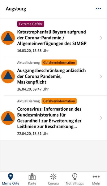 Ort oder Postleitzahl eingeben, und der Nutzer erhält Warnmeldungen zum Wunschort (NINA App/su)