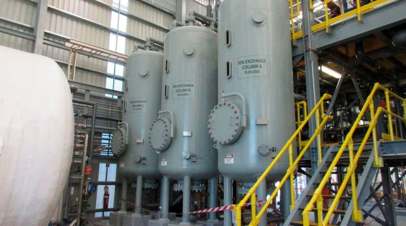 Chloralkali production at the Coogee Chemicals site in Lytton, Australia. The ion exchange columns are filled with Lewatit MDS TP 208 finely dispersed resin, which protects the sensitive electrolysis membranes by reliably removing impurities such as hardeners and barium.  (Coogee Chemicals)