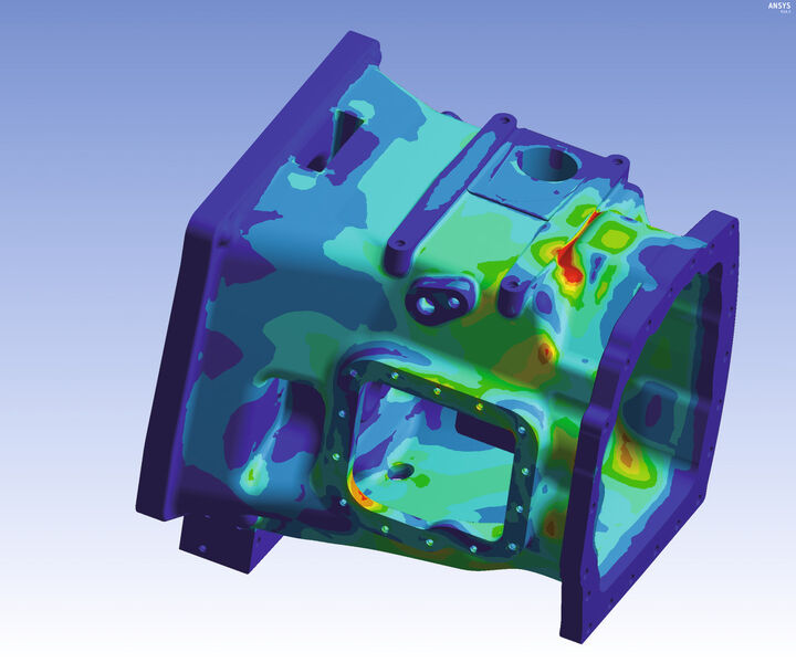 Das Bild zeigt die Spannungsverteilung im Kupplungsgehäuse einer Landmaschine. (Bild: Cadfem)