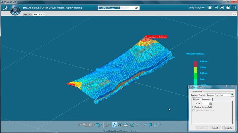 Schritt 4: Verbesserung des Designs und Druckprozesses
 „As-designed“ versus „as-manufactured”: Wie bei jedem anderen Verfahren auch, weicht das hergestellte Bauteil in der Regel leicht von der Konstruktion ab. Beim 3D-Druck liegt das unter anderem an thermischen Eigenspannungen oder nicht optimal positionierte Stützstrukturen. Durch den digitalisierten Prozess lässt sich das konstruierte Bauteil mit dem virtuell gefertigten Bauteil vergleichen. Mithilfe des „CATIA Reverse Shape Optimizer“ (Bild) kann der Entwicklungsingenieur die vorhergesagten Abweichungen in der Originalgeometrie kompensieren. Anschließend wiederholt er die Analyseschritte unter Wiederverwendung der Modelle bis eine ausreichende Konvergenz von „as-designed“ und „as-manufactured“ vorliegt. Auch Stützstruktur-Geometrien sowie Druck- beziehungsweise Laserpfade können virtuell untersucht werden. So kann ein an das Bauteil angepasster Druckpfad wesentlich geringere Eigenspannungen und thermische Verformungen verursachen.
 (Dassault Systèmes)