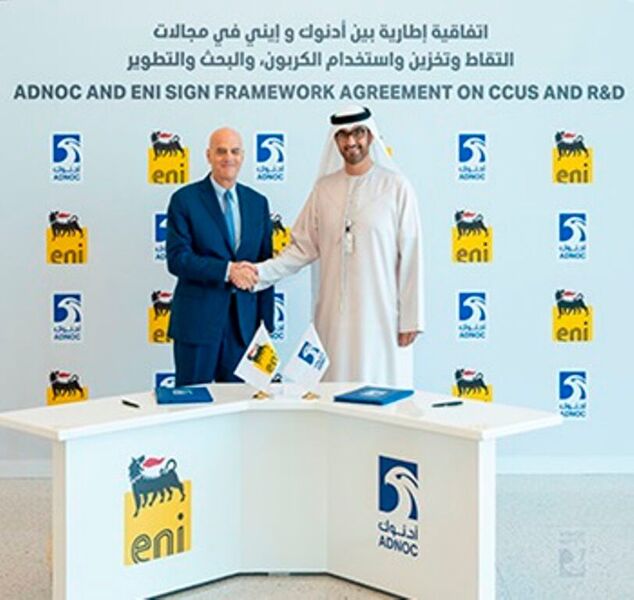 The framework agreement was signed by His Excellency Dr. Sultan Ahmed Al Jaber, UAE Minister of State and Adnoc Group CEO and Claudio Descalzi, CEO of Eni.  (Adnoc )