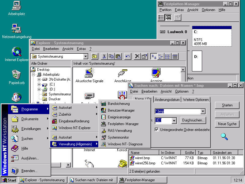Mit dem Erscheinen von Windows NT 4.0 wurde die Optik der Nutzeroberfläche von Windows 95 übernommen. Technisch änderte sich im Vergleich zu den Vorgängern allerdings verhältnismäßig wenig. (Bild: Screenshot/Microsoft)