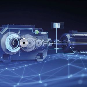 Abbildung eines kompletten Antriebsstrangs mit dem neuen Flender One-Getriebe und der AIQ-Sensortechnologie. (Bild:  Flender GmbH)