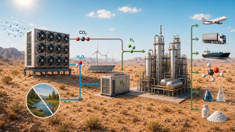 Methanol gewinnt als klimafreundlicher Kraftstoff insbesondere für die Schifffahrt an Bedeutung. Bislang wird es jedoch meist aus Erdgas oder Kohle hergestellt. CO₂ aus der Luft zu nutzen, kann insbesondere dann zum Klimaschutz beitragen, wenn dadurch fossiler Kohlenstoff ersetzt wird.(Bild:  Forschungszentrum Jülich | KI)