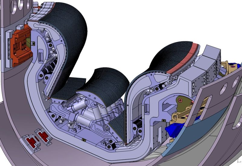 The three plasma-facing components of the ITER divertor: the inner and the outer vertical targets, and the dome. Situated at the bottom of the vacuum vessel, the divertor extracts heat and helium ash—both products of the fusion reaction—and other impurities from the plasma. (Bildquelle: ITER Organization)