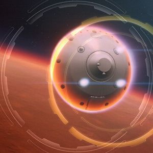 Der Abstieg zur Marsoberfläche beginnt. Der Marsrover "Curiosity" und sein Trägerfahrzeug stecken noch in der Schutzkapsel.