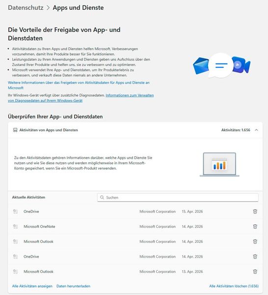 Die Ansicht für App- und Dienstaktivitäten stellt Nutzungsdaten dar und erlaubt Export sowie vollständige Bereinigung des Aktivitätsverlaufs. (Bild: Joos)