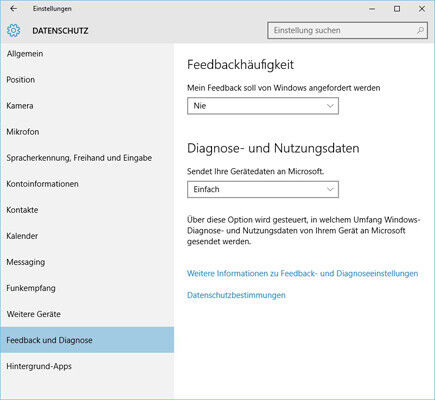 Im Punkt „Feedback und Diagnose“ kann man Windows 10 untersagen, nach Hause zu telefonieren. Allerdings ist Microsoft zur Verbesserung von Windows auch auf Feedback angewiesen. (Bild: Archiv)
