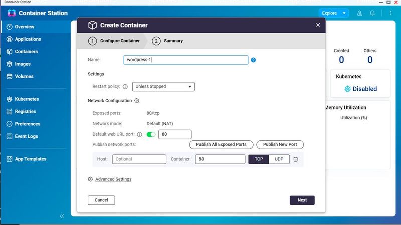 Erstellen des Wordpress-Containers auf dem QNAP-NAS. (Bild: Joos – QNAP)