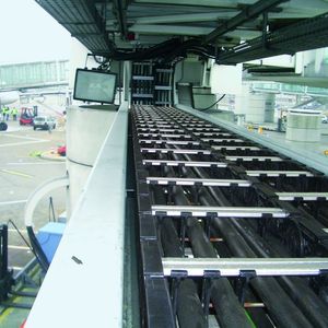 Insgesamt 18 Elektroleitungen,  Luft- und Hydraulikschläuche im Durchmesser von 15 bis 40 mm versorgen die Passagierbrücken.