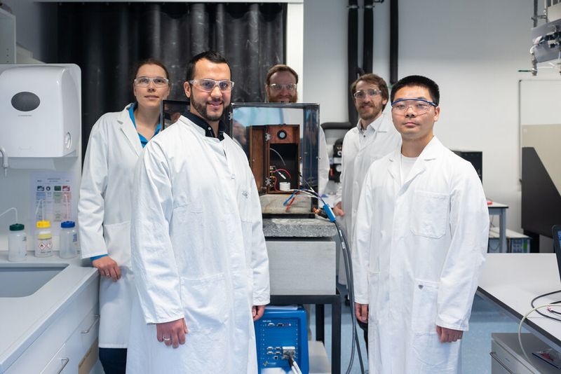 Das Bochumer Forscherteam: Kristina Tschulik, Abdelilah El Arrassi, Niclas Blanc, Mathies Evers und Zhibin Liu (von links) (RUB, Kramer)